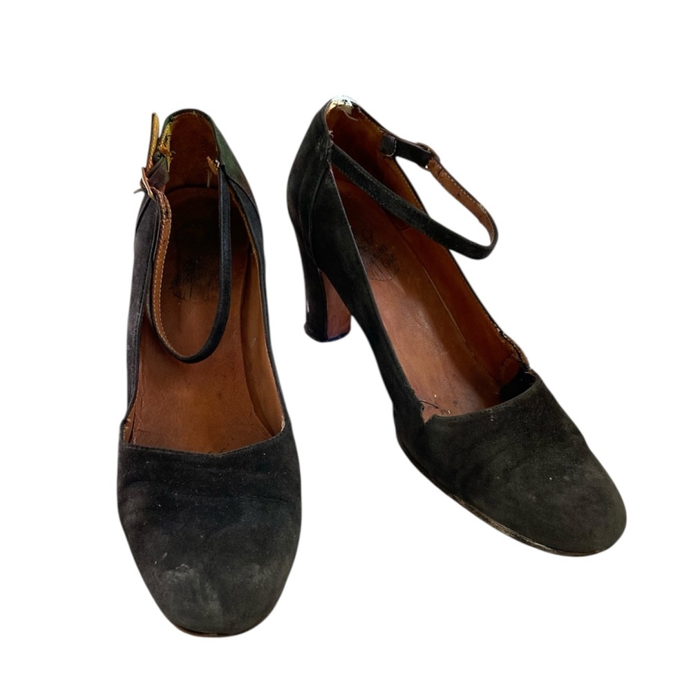 Italian Vintage Black Suede Mary Jane Heels with Ankle Strap